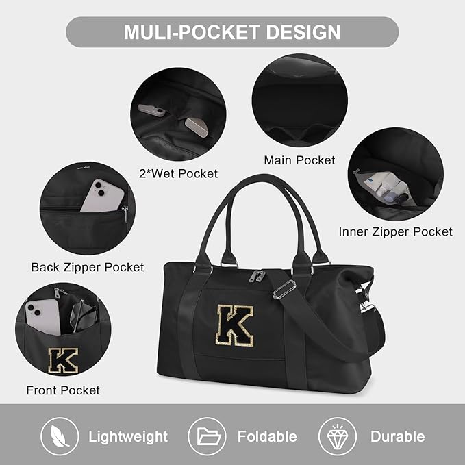 Dance Gym Duffel Bag for Teen Girls, Personalized Initial Travel Weekender Bag,Cute Overnight Carry On Duffle for Women,Sports Travel Cheer Bag,Monogram Christmas Gifts for Tween Preppy(black-K)