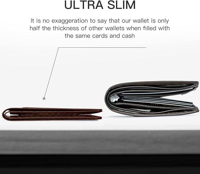 GSOIAX Mens Slim Wallet for Men Minimalist Genuine Leather Carbon Fiber Rfid Blocking Bifold Credit Card Holder With Gift Box (Carbon Coffee)