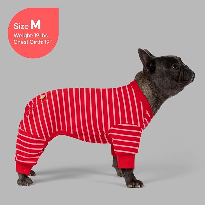 KYEESE Dog Pajamas, Stretchable Velvet Fleece 4 Legs Doggie Onesie, Striped Dog PJS for Small Dogs, Soft Cozy Pet Outfit Puppy Pajamas, Comfortable Sleepwear Cat PJS, Red Striped, X-Small