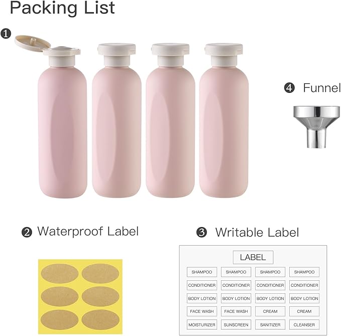 6.7oz Travel Shampoo Bottle, Empty Plastic Squeeze Bottles with Flip Cap, 4PCS Lotion Container for Toiletries (200ml, Pink)