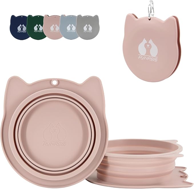 RUNROLE 2-in-1 Collapsible Silicone Dog Travel Bowls, Slot Together and Use Separately, Portable Pet Food Water Bowls, Foldable Cat Feeding Watering Dishes, 20OZ+27OZ(Blush Pink)