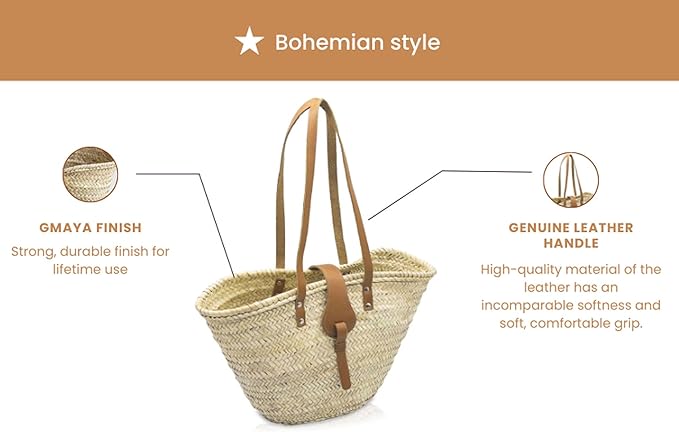 FRENCH BASKET Straw Beach Tote Bag with Leather Handles, Canvas Pouch & Zip Closure, Moroccan Market Basket for Summer