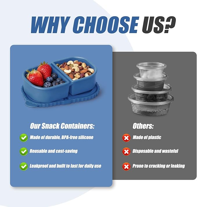 2 Pack Reusable Silicone Snack Containers With Lids, 8.5oz Two Compartment Snack Container, Snack Containers With Lids, Leakproof Snackle Boxes For Travel, Picnics (Blue, Pink)