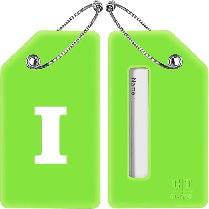 Gostwo 2 Pack Silicone Luggage Tags for Suitcases, 26 Initial Letter Baggage Labels Handbag School Bag Suitcase Instrument Tag with Stainless Steel Loop(Green)(Letter I)