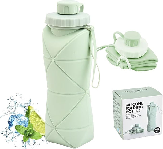 JINGYAN Collapsible Water Bottle 20oz, BPA-Free Silicone Foldable Design with Leak-Proof Lid & Lanyard - Portable Travel Water Bottle for Hiking, Gym, Camping (Green)