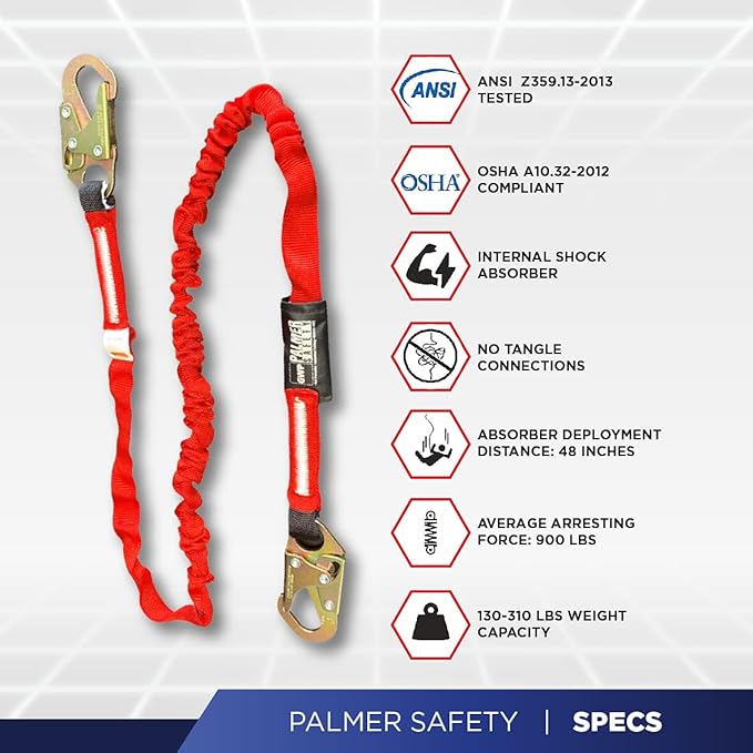 Palmer Safety L121133 6 FT Single Leg Safety Lanyard Internal Shock Absorber w/Dual Snap Hooks I OSHA/ANSI Compliant Restraint Lanyards I Ideal Use for Arborist, Roofer & Construction Workers