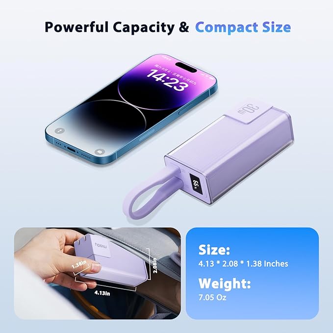 Miady Portable Charger Built-in Foldable Wall Plug, PD 30W 10000mAh Compact Power Bank has USB-C Cable & LED Display, Travel Essential Battery Pack Compatible with iPhone Galaxy Smartphones (Purple)