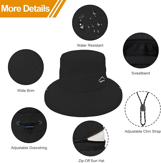 Sun Hats for Women Bucket Hat UV Protection Fishing Hat Wide Brim Safari Hats 2 in 1 Zip-Off Sun Visor Hats UPF 50+