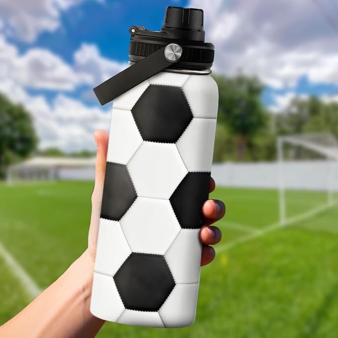 Soccer Water Bottle with Lid - 32oz Insulated Stainless Steel Sport Bottles - Gift for Men Soccer Player Fan Coach
