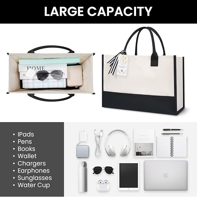 BAGAIL Initial Tote Bag, Personalized Birthday Gifts for Women, Teacher, Friends, Mom, Wedding, Monogrammed Beach Bag