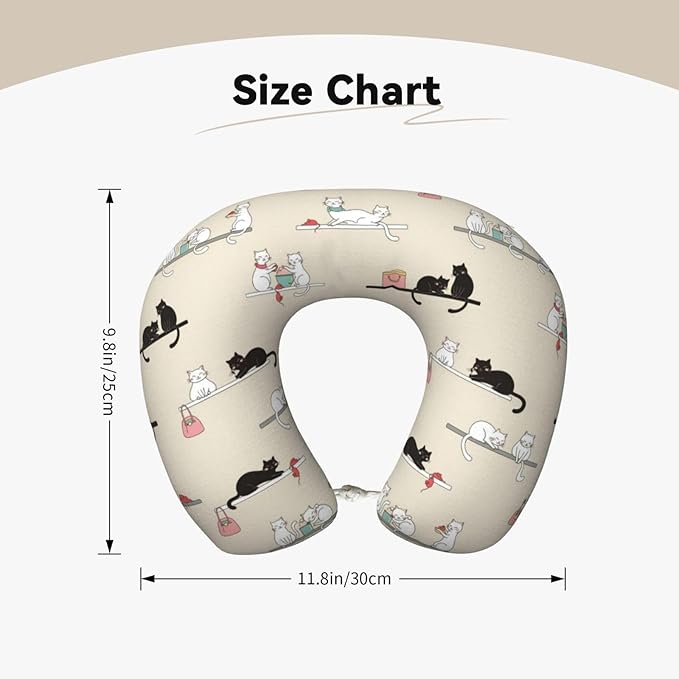 Memory Foam Airplane Pillow Cute Black and White Cat for Car Chin Head Neck Supporting, U Shape Pillows Travel Cushion for Office, Nap Sleeping