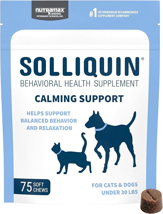 Nutramax Solliquin Calming Behavioral Health Supplement for Small to Medium Dogs and Cats - With L-Theanine, Magnolia / Phellodendron, and Whey Protein Concentrate, 75 Soft Chews