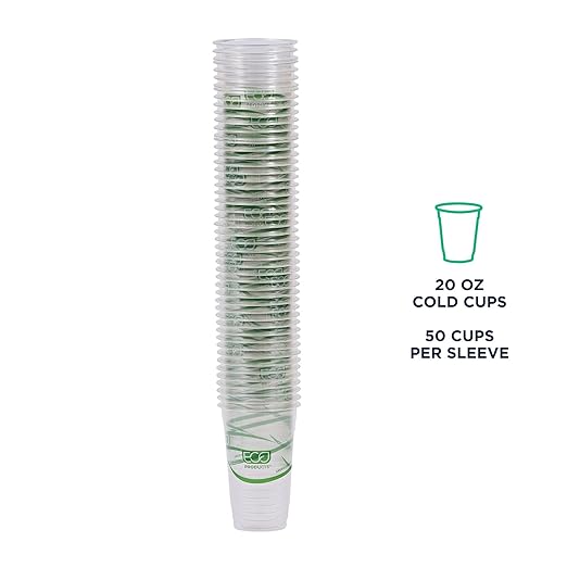 ECO PRODUCTS GreenStripe Clear Compostable 20oz PLA Large Plastic Cups, Case of 1000, Disposable Renewable Plant-Based Cold Cups, For Cold Drinks & Snacks, BPI Certified, ASTM Compliant.