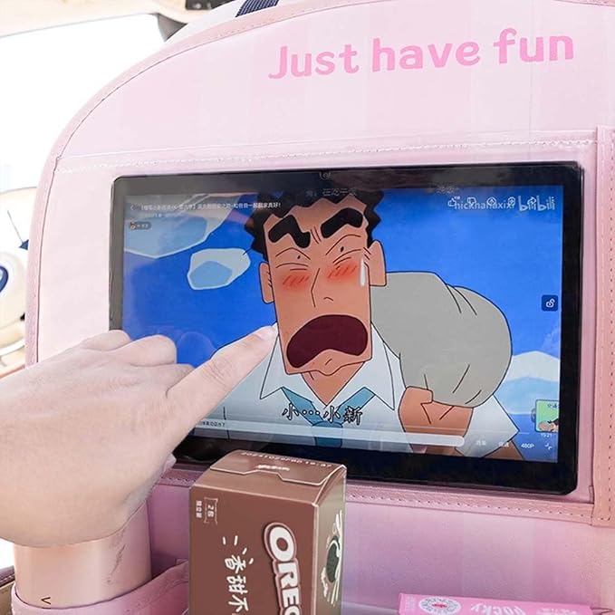 YUNZLAN Leather Backseat Car Organizer, Kick Mats Back Seat Protector with Touch Screen Tablet Holder Back Seat Organizer for Kids with 4 Storage Pockets Travel Accessories (PinkPinkCat)