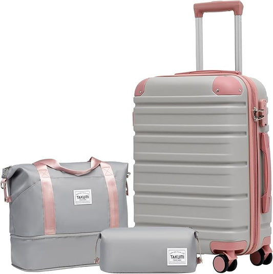 TAKUMI Carry On Luggage Set 3 Piece ABS+PC Hardshell Suitcases with Duffel Bag Double Spinner Wheels Travel Luggage with TSA Lock Lightweight Suitcase Set(GREY PINK, 3 PIECE SET(20/DB/TB))
