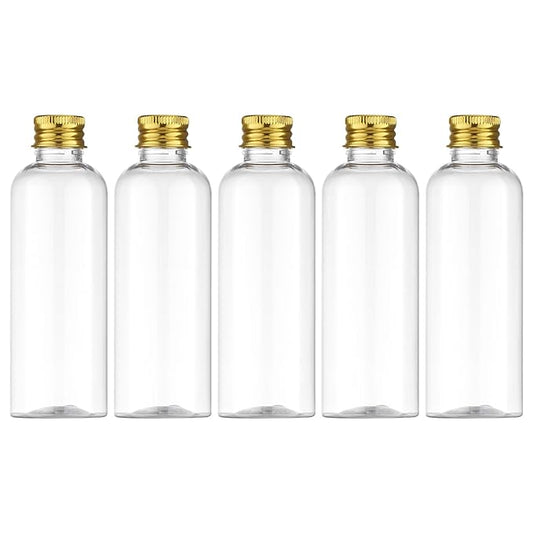 Tekson Plastic Travel Size Bottles 3.4 oz, Mouthwash Bottle, Refillable Containers for Cosmetic with Gold Screw Cap for Travel Essentials (100ml, Clear)