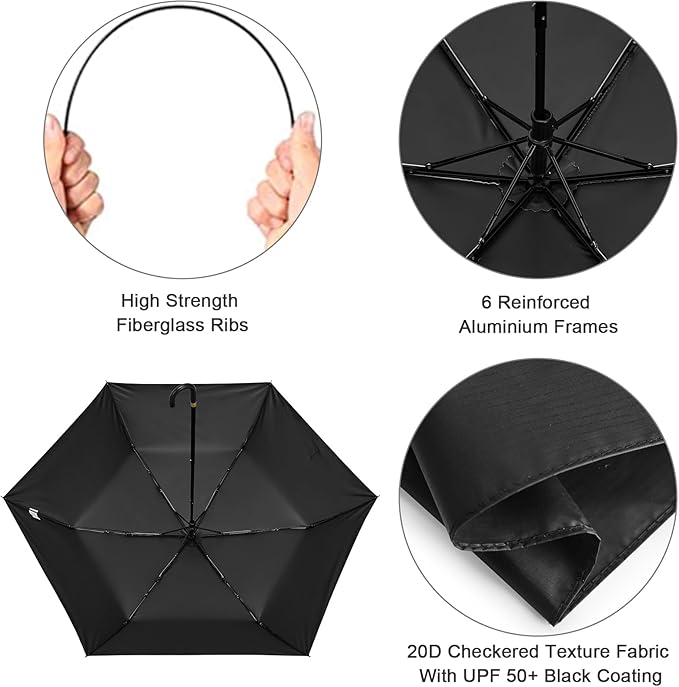 G4Free Mini Travel Umbrella UPF 50+ Ultralight Slim UV Protection Parasol, Windproof Compact Umbrella for Sun & Rain, Portable with J Hook Curved Handle Japanese Style for Women