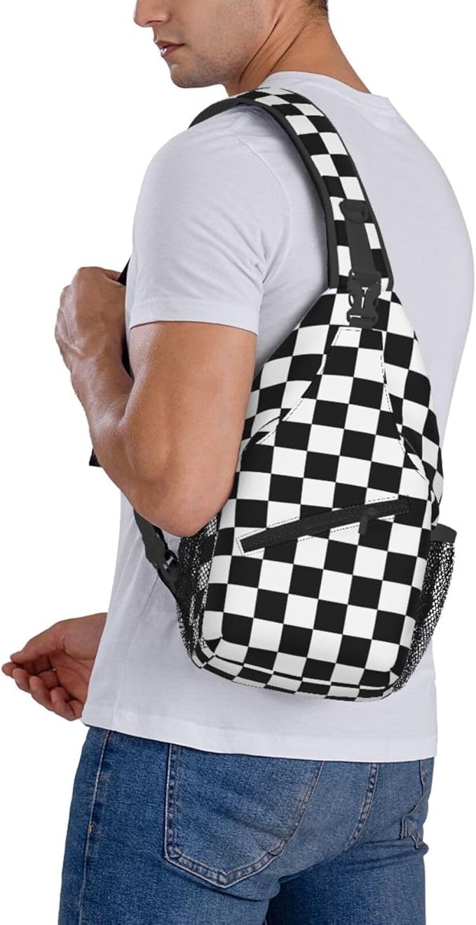 QFXUYNG Black White Race Checkered Flag Adult Sling Bag Unisex Chest Bags Crossbody Backpack Casual Daypacks Shoulder Bag for Women Men Cycling Hiking Travel