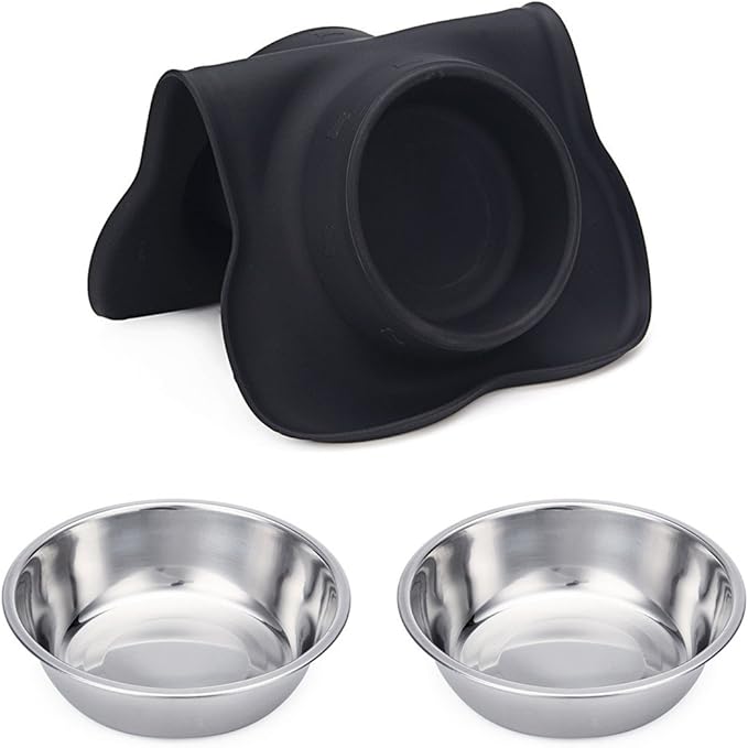 Hubulk Pet Dog Bowls 2 Stainless Steel Dog Bowl with No Spill Non-Skid Silicone Mat + Pet Food Scoop Water and Food Feeder Bowls for Feeding Small Medium Large Dogs Cats Puppies (S, Black)