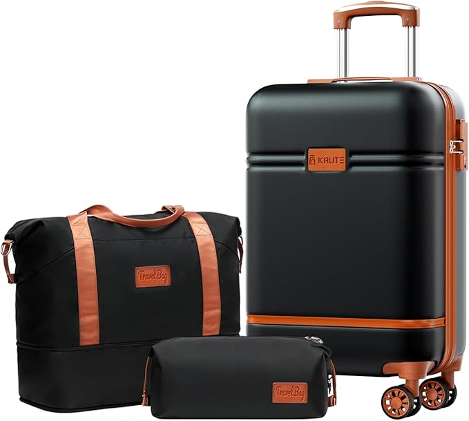 Krute Carry On Luggage Sets 3 Pieces Suitcase Set Hard Shell PC+ABS Airline Approved Suitcases with Spinner Wheels TSA Approved 20 Inch Luggage (BlackBrown)