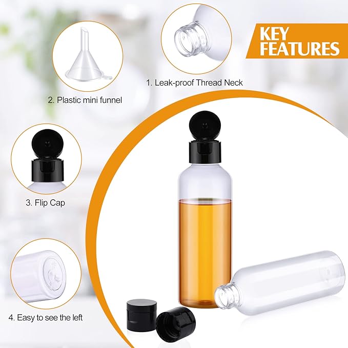 50 Piece 3.4 oz Travel Bottles with Flip Cap Plastic Empty Bottles Refillable Flip Cover Dispensing Squeeze containers with 2 Funnels Portable Refillable Containers for Travel Liquid(Clear, Black)