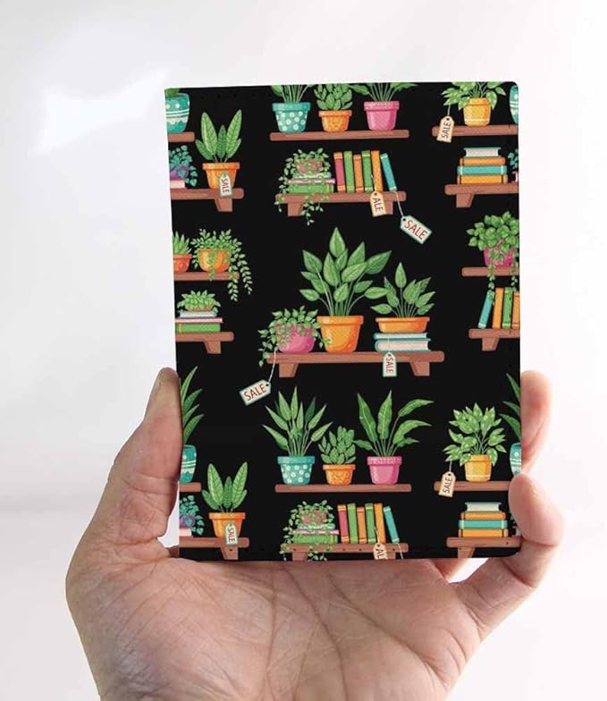 Library Shelfs Passport Holder for Travel Books Stack Potted Plants PU Leather Passport Cover Wallet Cute Passport Card Holder for Women and Men