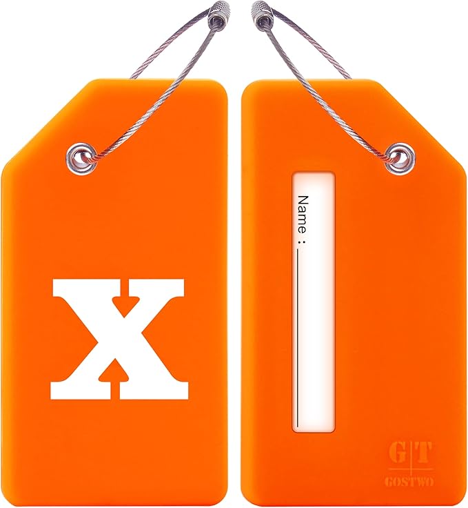 Gostwo 2 Pack Silicone Luggage Tags for Suitcases, 26 Initial Letter Baggage Labels Handbag School Bag Suitcase Instrument Tag with Stainless Steel Loop(Orange)(Letter X)