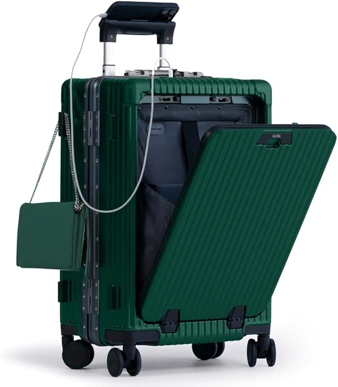 Nobl Travel Carry On Luggage, Noble Zipperless Aluminum Frame PC Hard Shell Suitcase, 22.5x15x9.5 Airline Approved, 360° Spinner Wheels, TSA Locks, USB Charging Port, Cup & Phone Holder -Forest Green