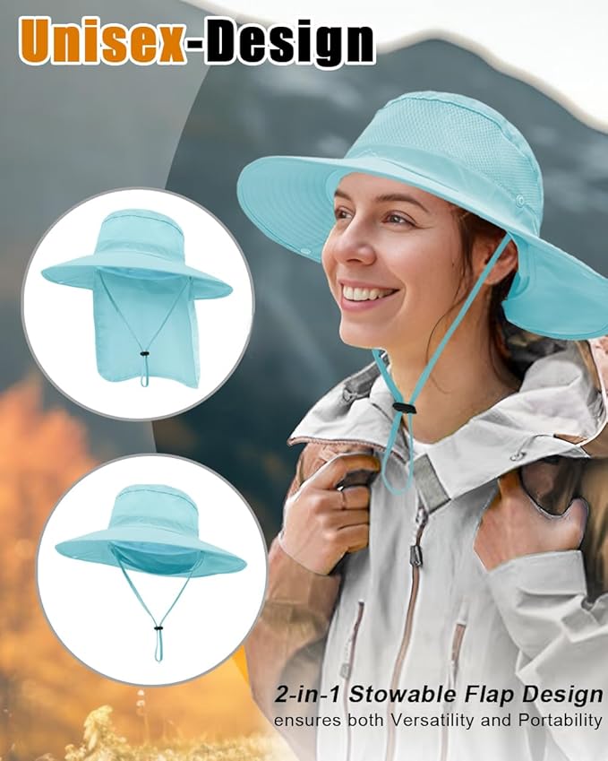 Outdoor Sun Hats with Stowable Neck Flap for Men Women UPF 50+ Mesh Summer Bucket Hat Wide Brim for Fishing Safari Hiking