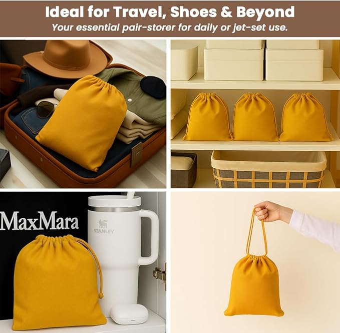 LFH Cotton Rich Shoe Storage Bags with Drawstring, Dustproof Breathable Reusable Organizer, Perfect For Travel, Dorm, Hotel, College, Gym, Easy to Carry, Machine Washable 8"x17" (Pack of 6) - Golden