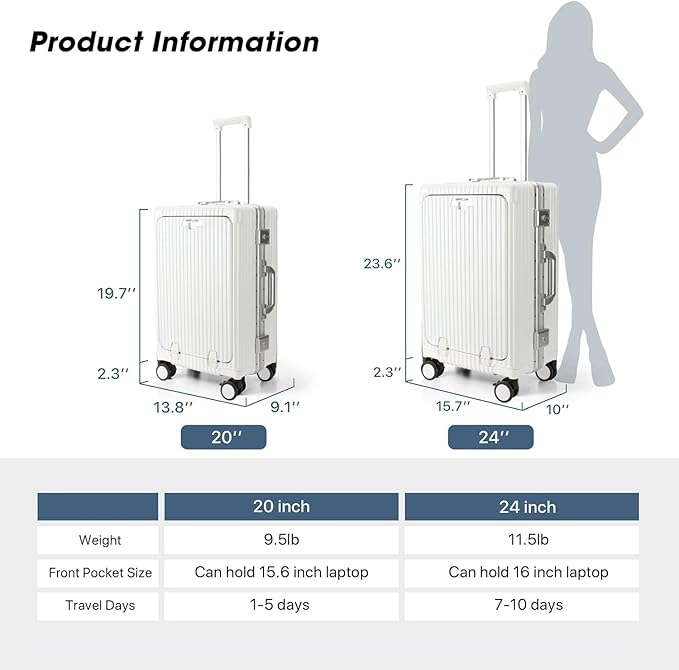 MRPLUM Front Pocket Carry On Luggage,PC Hardside Spinner Wheel Suitcase with TSA Lock,Cup Holder,Phone Holder&USB Charging Port,White(1 Piece)