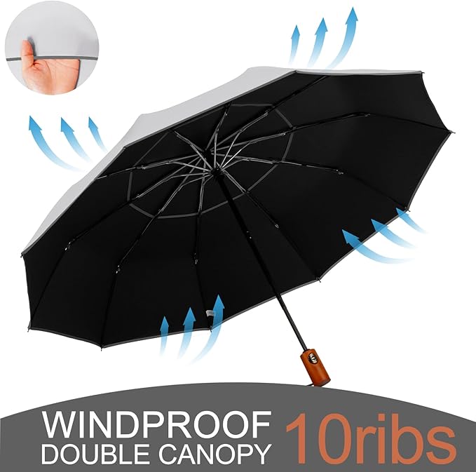 Satol Extra Large Golf Umbrella, 46/54/62 Inch Windproof 10 Ribs Vented Double Canopy Reflective Strips Automatic Open/Close Waterproof UV Protection Portable Compact Umbrella for Outdoor & Travel
