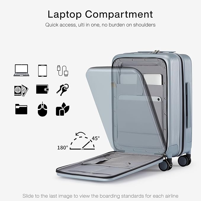 Hanke Grace Carry On Luggage with Wheels Airline Approved Hard Shell Suitcases with Front Pocket，Top Opening Luggage with TSA Lock for Short Business Travel， Grey.