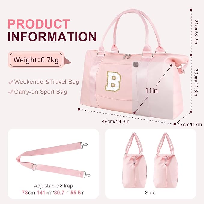 Dance Gym Duffel Bag for Teen Girls, Personalized Initial Travel Weekender Bag,Cute Overnight Carry On Duffle for Women,Sports Travel Cheer Bag,Monogram Christmas Gifts for Tween Preppy(pink-B)