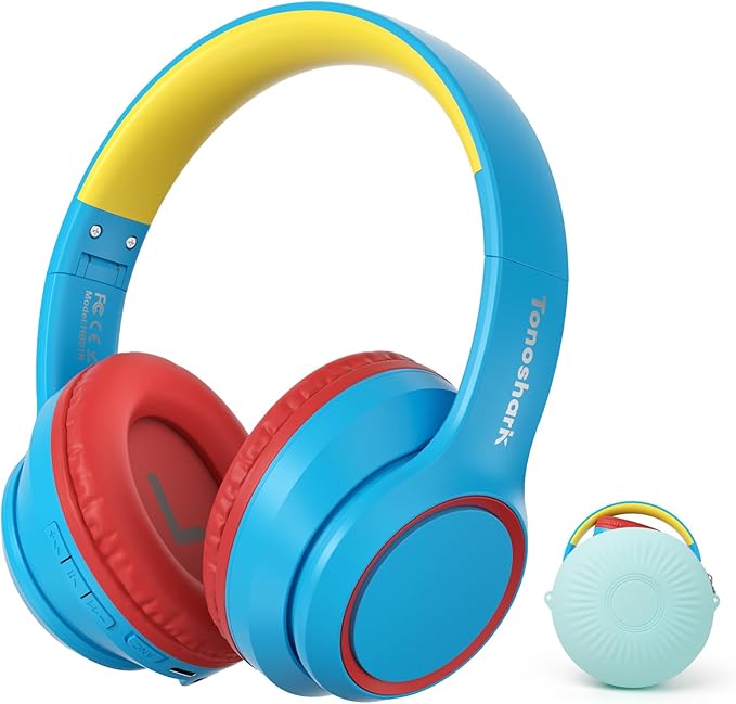 Kids Bluetooth Headphones with Active Noise Cancelling, Wireless Over-Ear Headphones for Boys Girls, Foldable, Adjustable,for School Trave (Blue red)