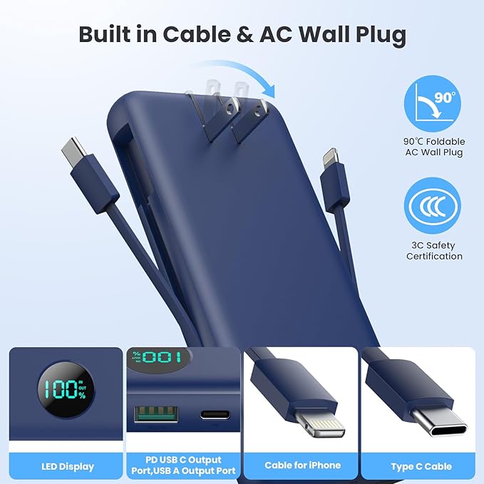 Portable Charger 33800mAh USB C Power Bank with Built-in Cables & AC Wall Plug,25W Fast Charging+QC 4.0 Phone Charger,4 Output Travel Essentials Battery Pack for iPhone16/15/14/13,Samsung,Android etc