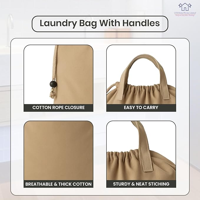 LFH Home Large Premium Cotton Canvas Laundry Bag with Drawstring and Handles Heavy Duty, Multi-Use, and Washable for Home, Travel, College or Storage 20x30 (Pack of 2)-Beige