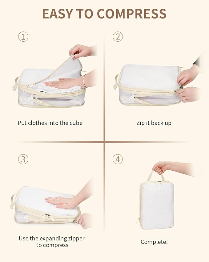 ECOHUB 6 Set Compression Packing Cubes, Lightweight Beach Vacation Travel Essentials Durable Travel Accessories for Suitcase Carry On Luggage Organizer Bags with YKK Zippers Shoe Bag, Beige