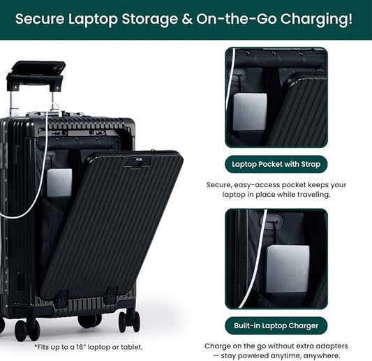 Nobl Travel Carry On Luggage, Noble Zipperless Aluminum Frame, 22.5x15x9.5, 360 Degree Spinner Wheels, TSA Locks, USB Charging Port, Cup & Phone Holder - Black