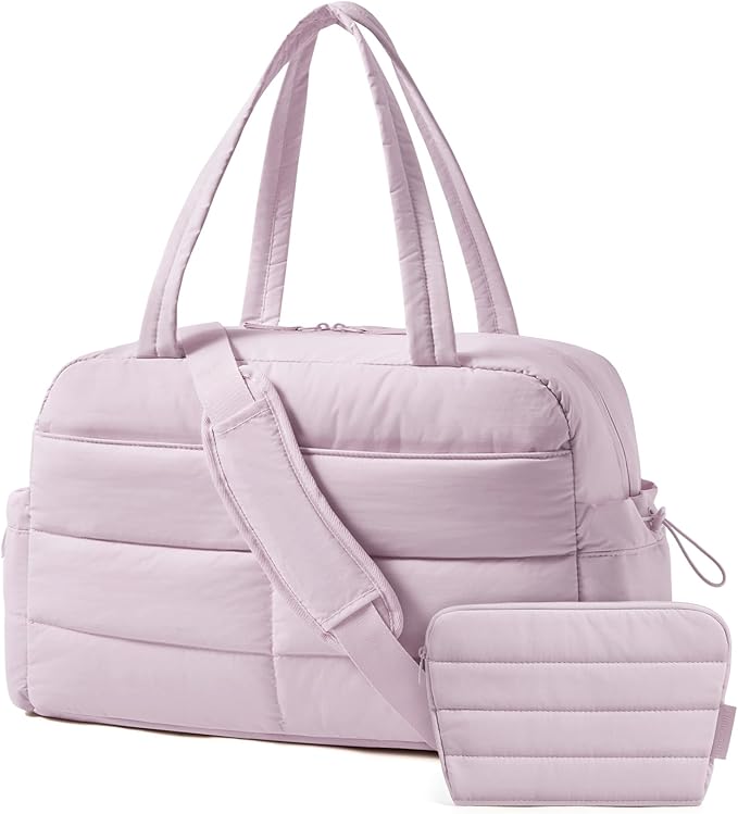 BAGSMART Gym Bag for Women, Lightweight Puffer Duffle Bag 2-PC Travel Bag, 31L Weekender Overnight Bag Quilted Carry On Tote Bag, Diaper Hospital Dance bag for Travel, Gym, Water Resistant