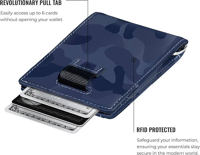 Kings Loot Money Clip Slim Minimalist Wallet for Men – RFID Blocking Leather Design with Money Clip – Front Pocket Bifold Holds 12 Cards – Stylish & Compact Wallets (Camo Blue)