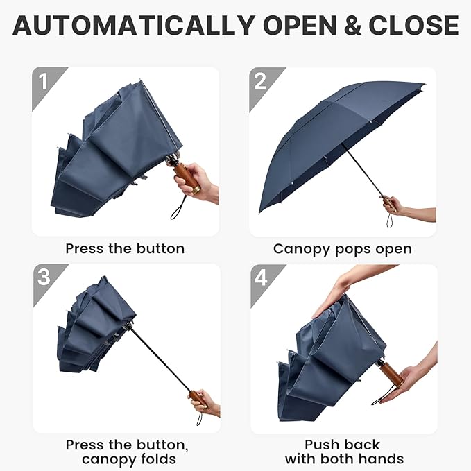 G4Free 54 Inch Inverted Windproof Umbrella with Wooden Handle, Large Double Canopy Auto Open & Close Golf Umbrella, Portable & Durable Rain Umbrella, Fits Car & Backpack