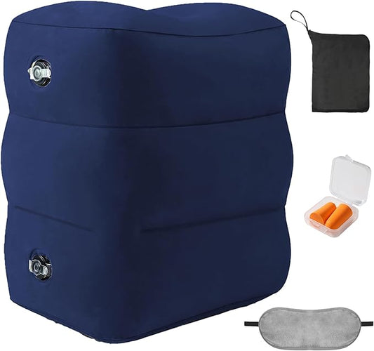 Inflatable Foot Rest Pillow for Travel - Adjustable Height Flight Foot Rest with Eye Mask and Earplugs for Kids & Adults on Airplane, Car, Train, Office, and Home (Blue, 1 PCS)