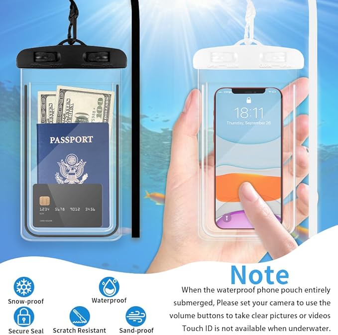 Waterproof Phone Pouch, 2 Pack Water Proof Cell Phone Case, Phone Wet Dry Bag Holder Beach Vacation Waterpark Underwater Cruise Essentials Accessories Must Haves Packing List Stuff for Men Women