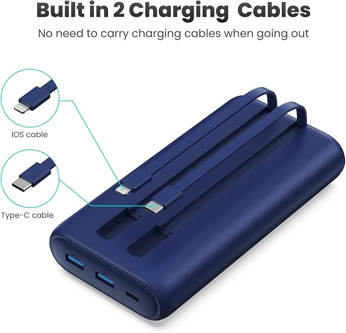Feob Portable Charger 40800mAh Power Bank with Built-in Cables,25W PD USB C Fast Charging Battery Pack,5 Outputs Dual Input Backup Charger for iPhone 17/16/15/14/13/12,Galaxy S24 Android Phone etc