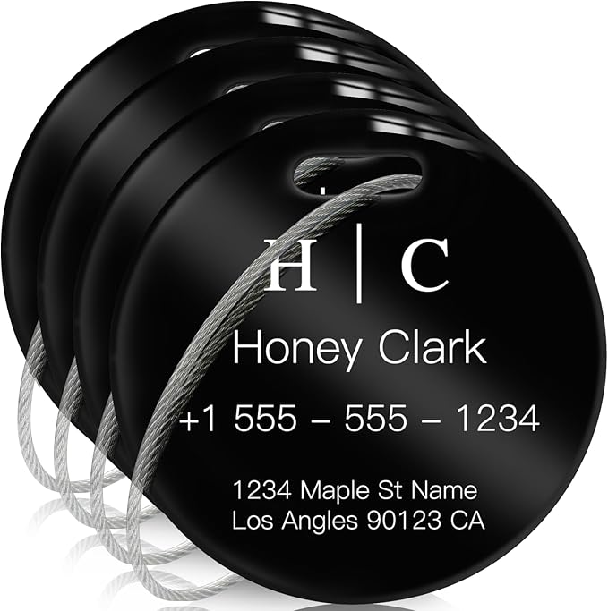 Stainless Luggage Tags for Suitcases 4 Pack: Metal Personalized Luggage Tags for Backpacks & Bags with Customizable Texts (Black)