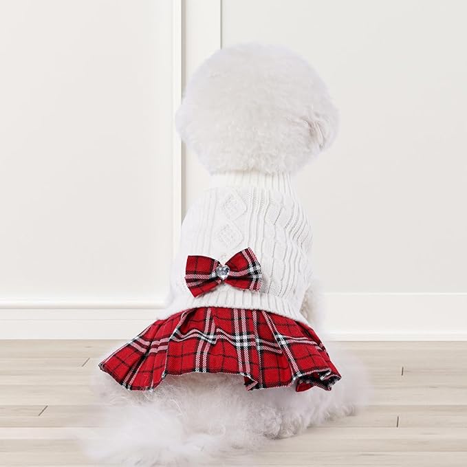 YUDODO Small Dog Sweater Dress with Bowtie Turtleneck - Knitted Pet Girl Dog Winter Clothes - Pet Warm Sweater for Puppy Yorkies, Chihuahua (XL White)