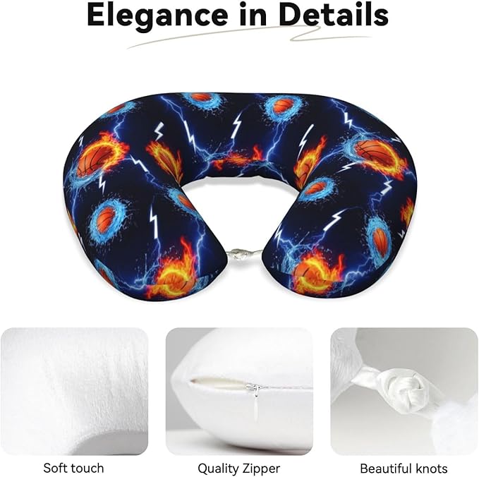 Travel Pillow for Men Women, Washable Relax U Shaped Neck Pillows for Car Head Pain Relief Sleeping Water Fire Flame Basketball Print Black