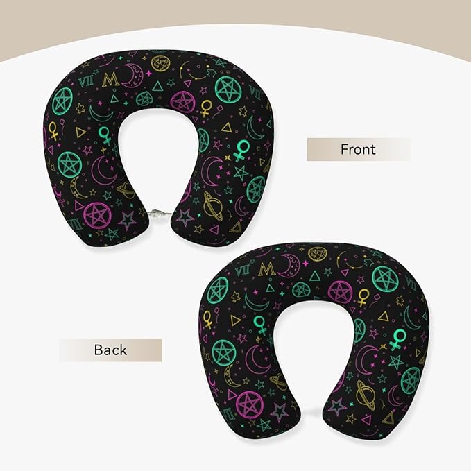 Travel Pillow Chin Neck Support, Comfortable Airplane Car Pillows for Rest, Memory Foam U Shaped Office Home Nap Sleeping Cushion Witch Magic Sun Moon Star Alchemical Cosmic Signs Witchcraft