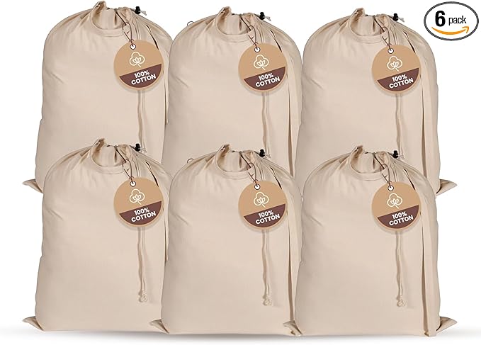 LFH Home Large Premium 100% Cotton Canvas Laundry Bag with Drawstring and Handles Heavy Duty, Multi-Use, and Washable for Home, Travel, College or Storage 28x40 (Pack of 6)-Natural